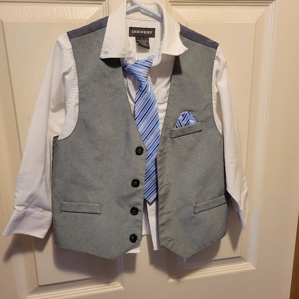 Little kid dress shirt and gray vest with clip on tie and pocket square